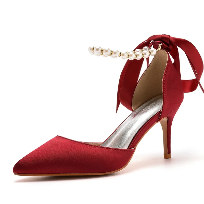 Pointed Toe Satin Pearl Ribbon Ankle Strap High Heels Pastel unclassified dresses