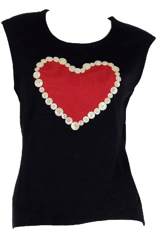 1990s Franco Moschino Black Sleeveless Top w Red Heart & Buttons