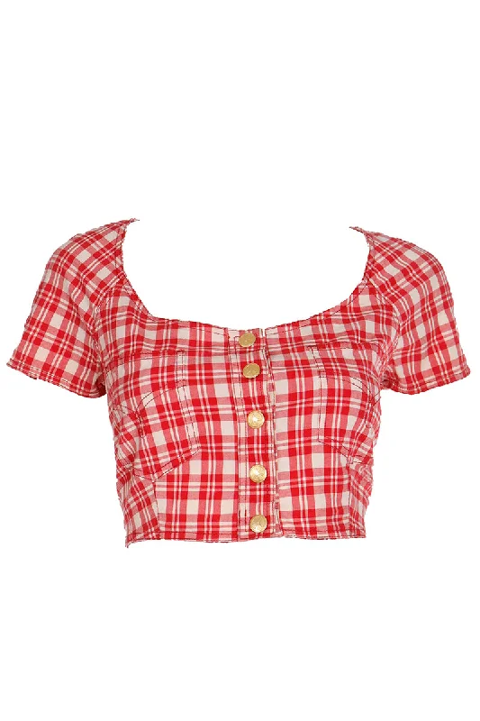 1990s Moschino Jeans Red & White Plaid Cotton Cropped Top