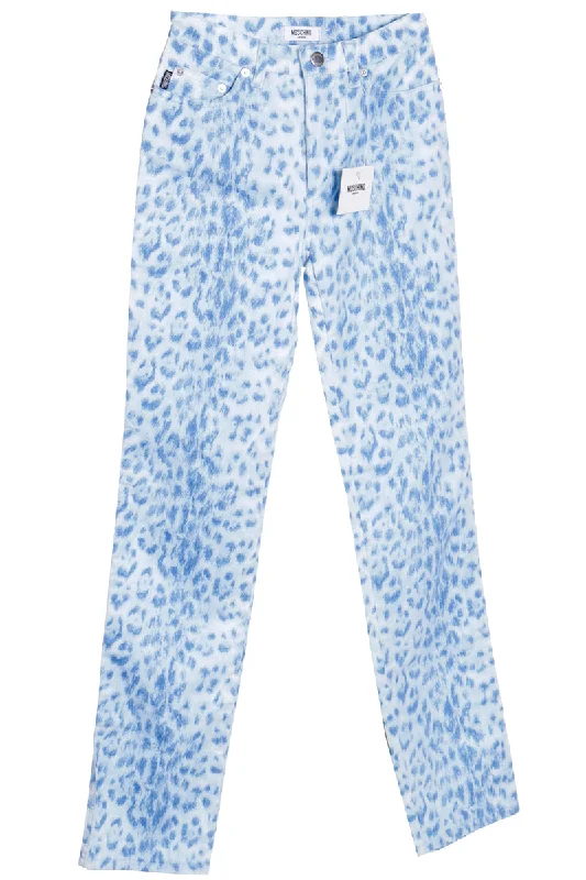 1990s Deadstock Moschino Pants Blue Leopard Print Jeans with Tag