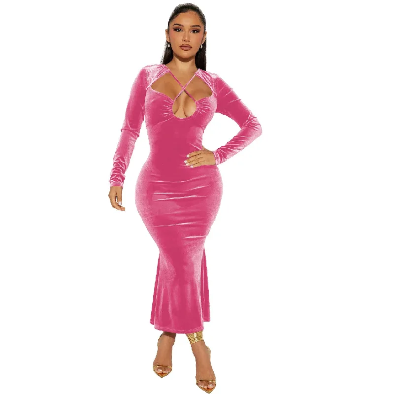 2024 Trending Backless Velvet Long Sleeve Halter Neck Party Evening Fishtail Dress For Women