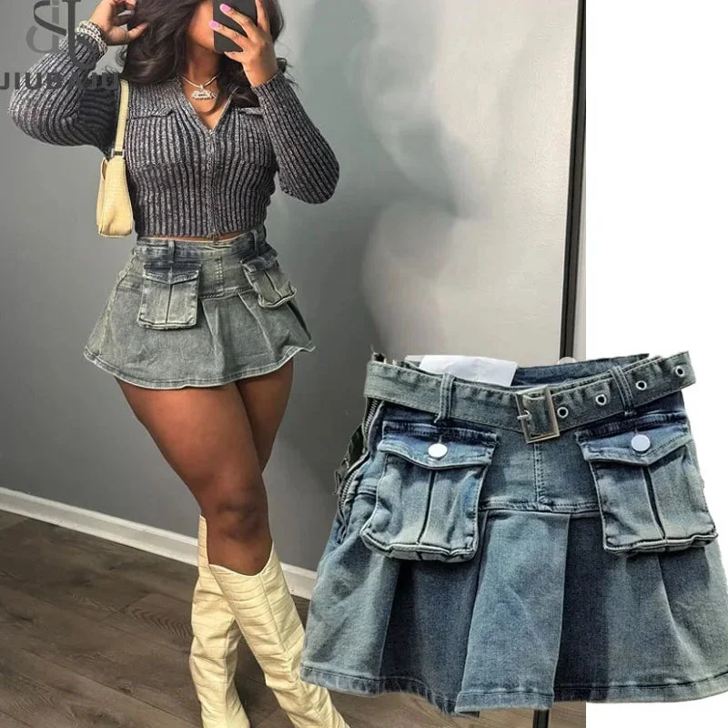 Women Summer Pleated 3d Pockets Denim Cargo Skirt Y2k Elegant Vintage High Waist Belt A-Line Jean Skirt