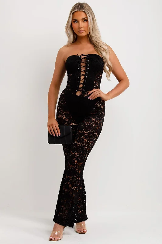 Black Lace Jumpsuit With Skinny Flared Legs