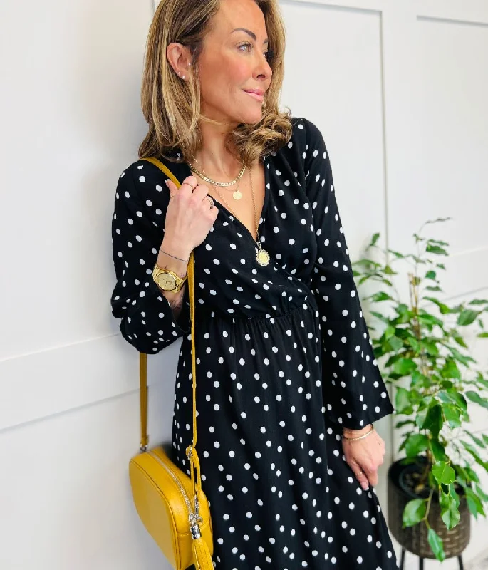 Black Spotted Print Wrap Midi Dress