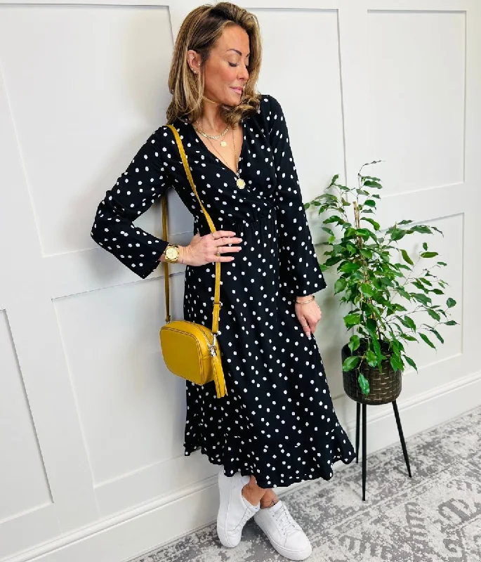 Black Spotted Print Wrap Midi Dress