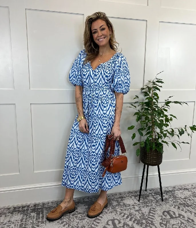 Blue Ikat Print Cotton Midi Dress