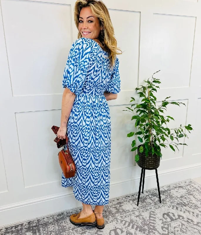 Blue Ikat Print Cotton Midi Dress