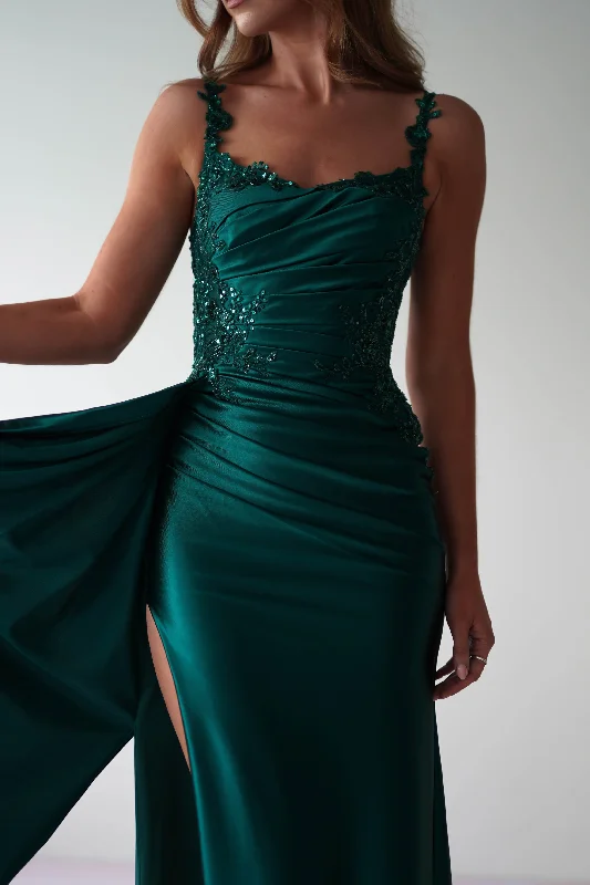 Cindy Pleated Bodice Gown | Emerald Green