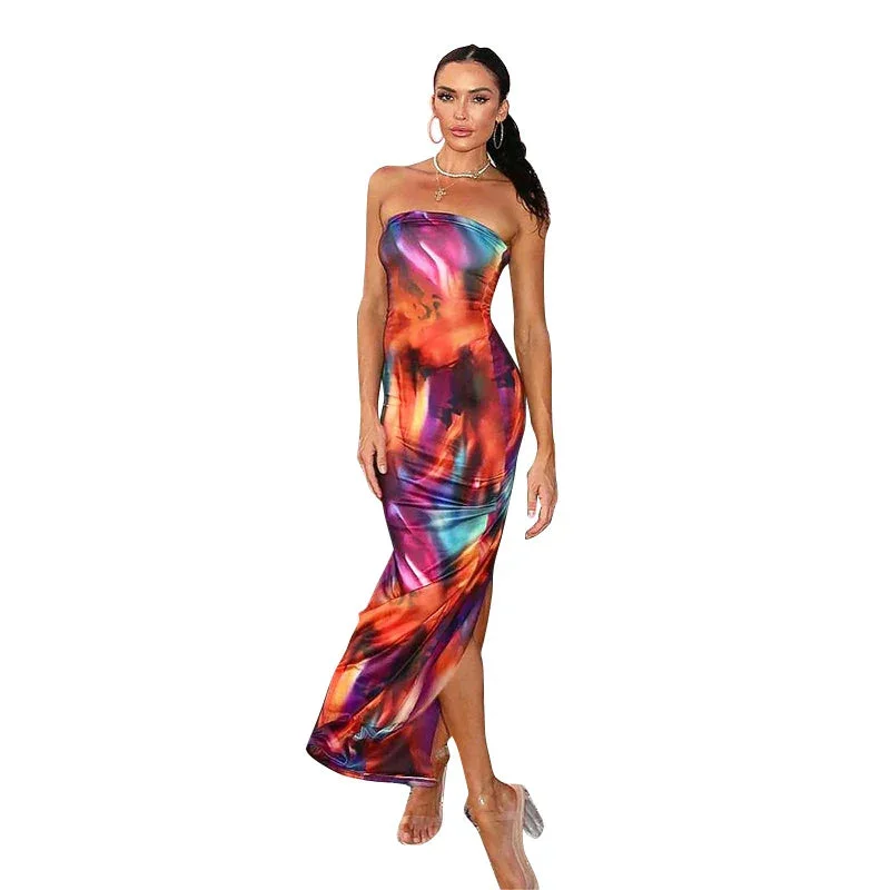 Off-Shoulder Print Sleeveless Backless Long Party Maxi Dress Women Beach Streetwear Maxi Dress