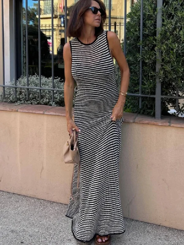 Summer Striped Beach Sexy Hollow Out Slim Stylish Maxi Dress