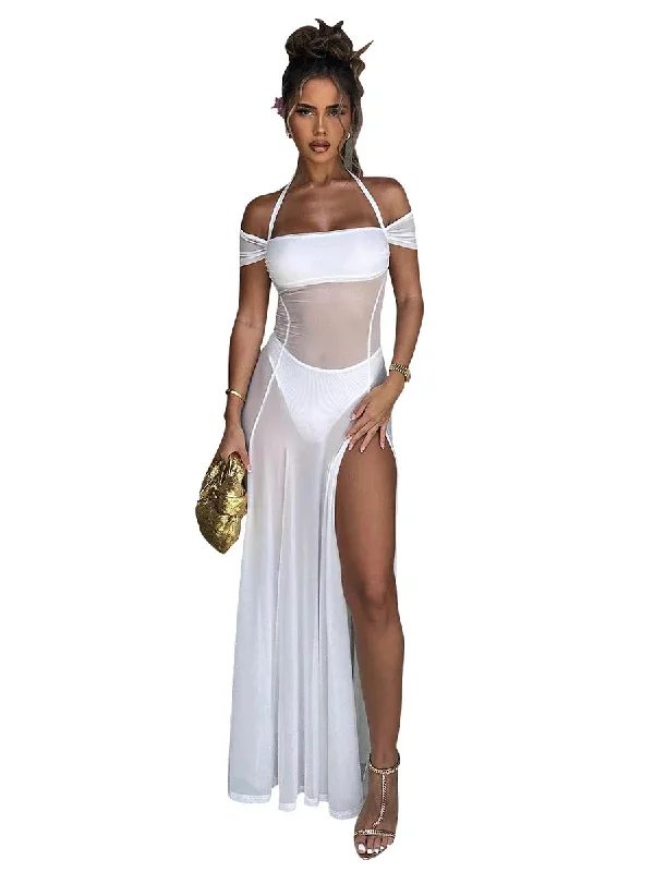 Summer New Style Halter Neck Mesh See Through High Slit Party Beach Club Clothing Long Women's Maxi Dress