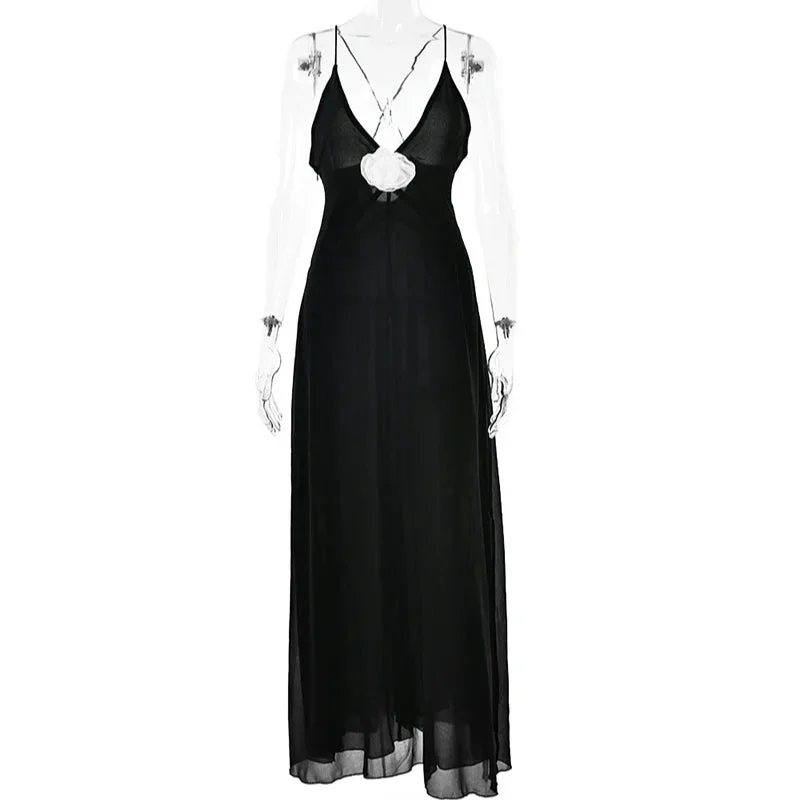 3D Flower Spaghetti Strap V-neck Backless Sleeveless Maxi Dresses 2024 Summer Ladies New Maxi Dress