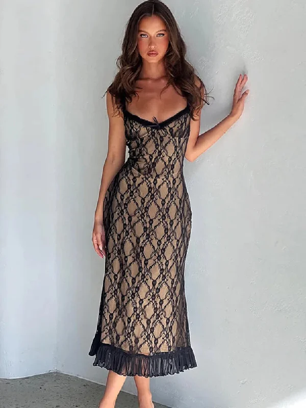 FashionSierra - Lace Print Sexy Maxi Dress Spaghetti Strap Sleeveless Backless Lace Dress