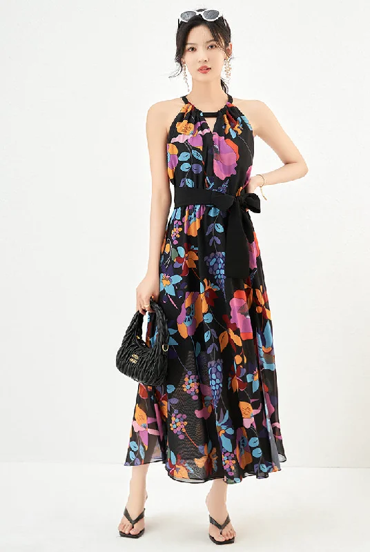 Elegant romantic design hanging neck  Sleeveless Printed Dress