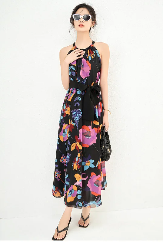 Elegant romantic design hanging neck  Sleeveless Printed Dress