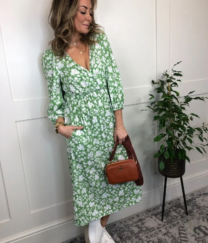 Green Flower Print Midi Dress