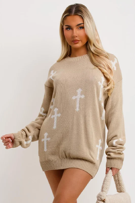 Jumper Dress With Crosses Beige