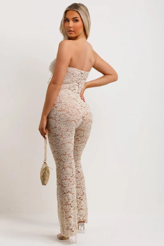 Lace Jumpsuit With Skinny Flared Legs Beige