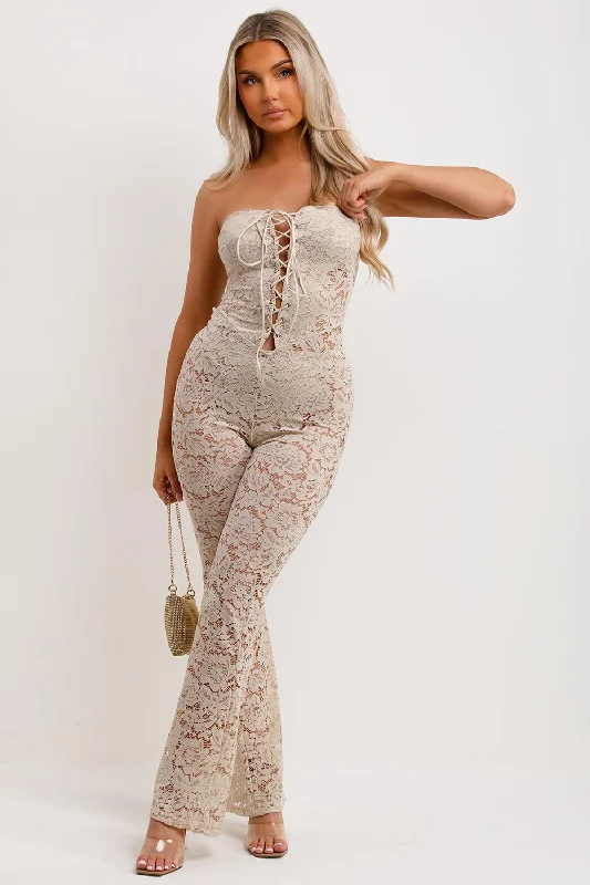 Lace Jumpsuit With Skinny Flared Legs Beige