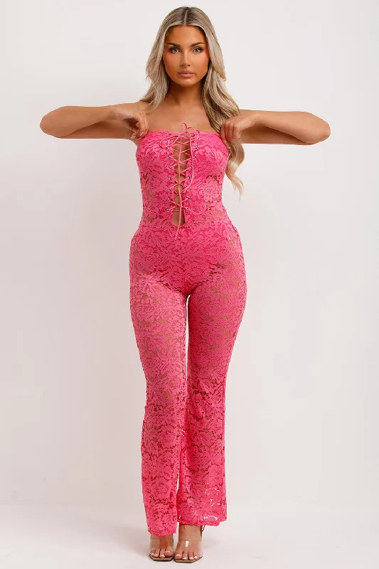 Lace Jumpsuit With Skinny Flared Legs Pink