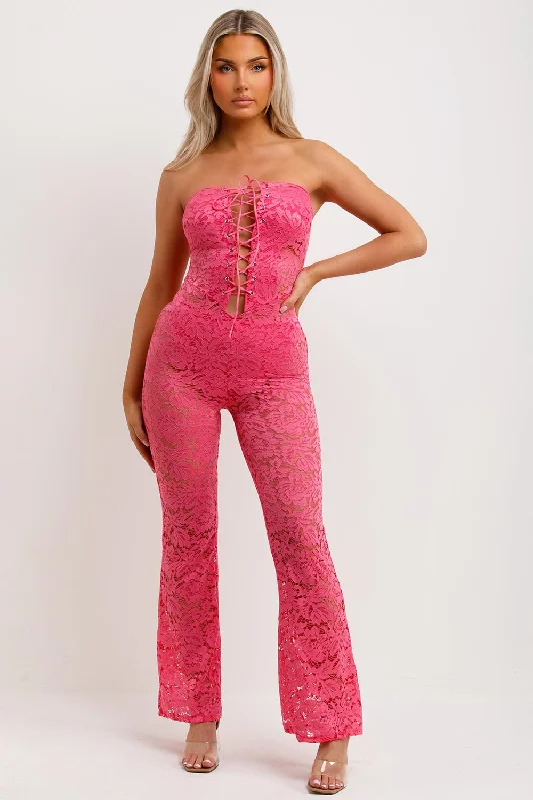 Lace Jumpsuit With Skinny Flared Legs Pink