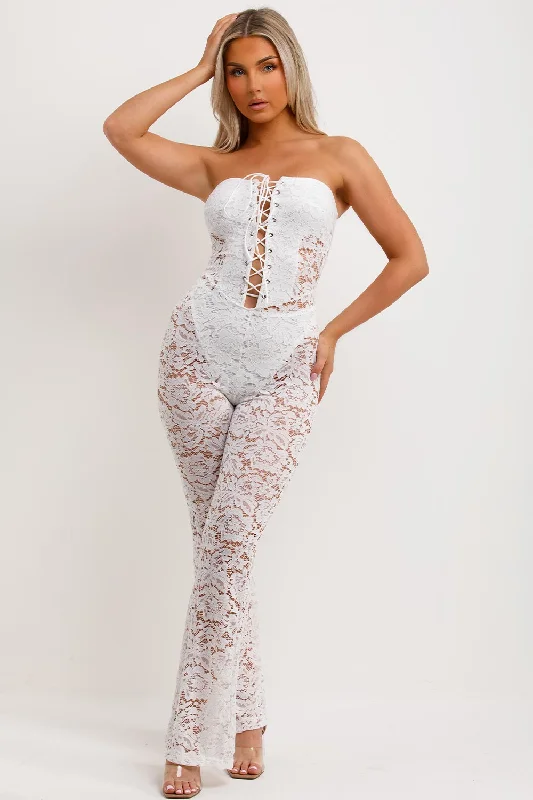 Lace Jumpsuit With Skinny Flared Legs White