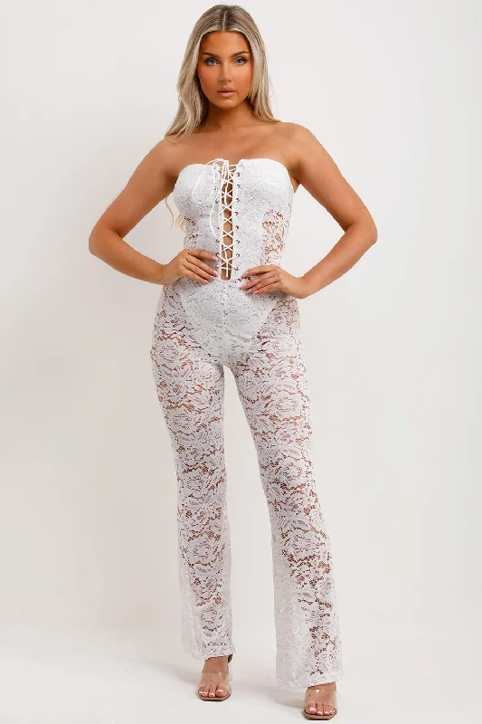 Lace Jumpsuit With Skinny Flared Legs White