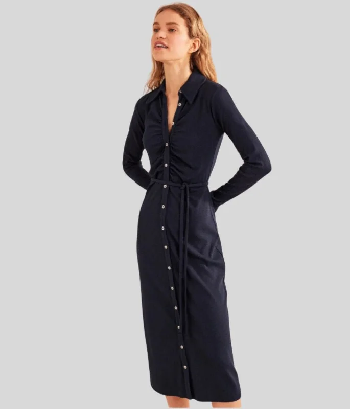 Navy Buttoned Ribbed Midi Shirt Dress