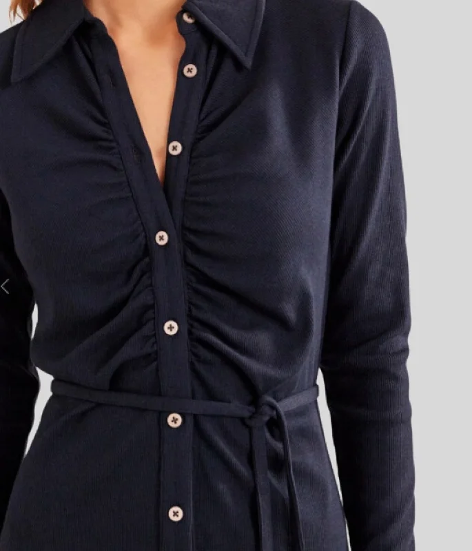 Navy Buttoned Ribbed Midi Shirt Dress