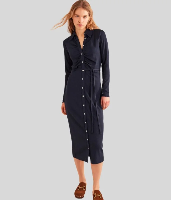 Navy Buttoned Ribbed Midi Shirt Dress