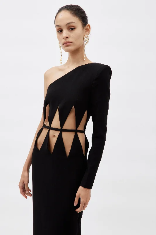 One Shoulder Black Diamond Cut Out Dress