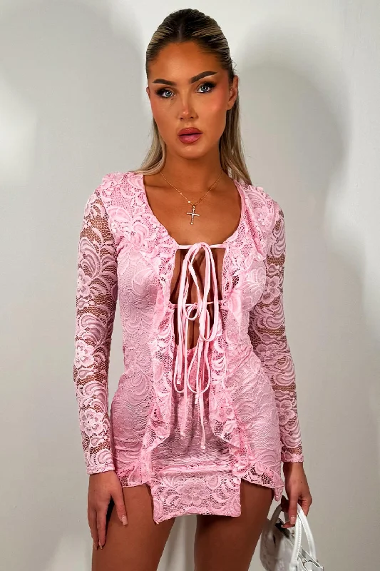 Pink Lace Dress With Frill Tie Front Detail