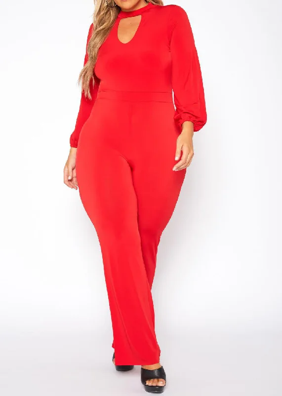 Hi Curvy Plus Size Women Keyhole Front Flare Leg Jumpsuit