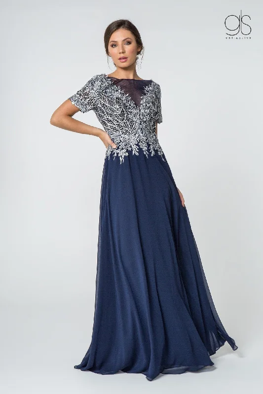 Short-Sleeve Gown with Glitter Lace Bodice by Elizabeth K GL2826