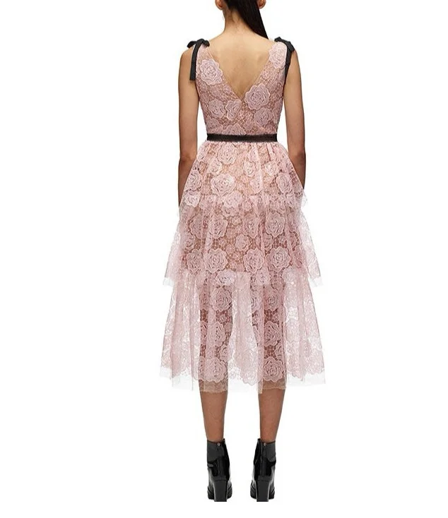 Elegant Floral print Sequin  Lace  Midi  Dress