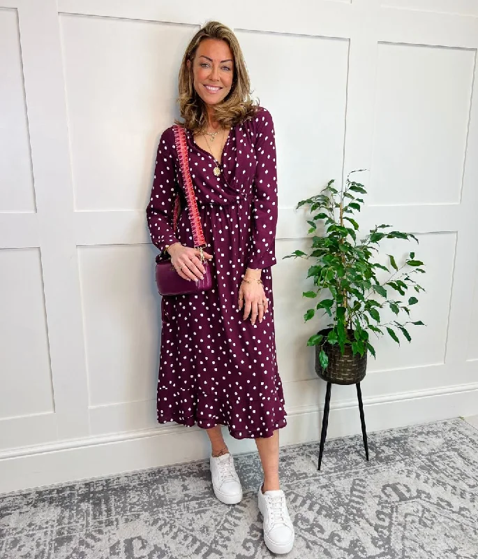 Wine Spotted Print Wrap Midi Dress