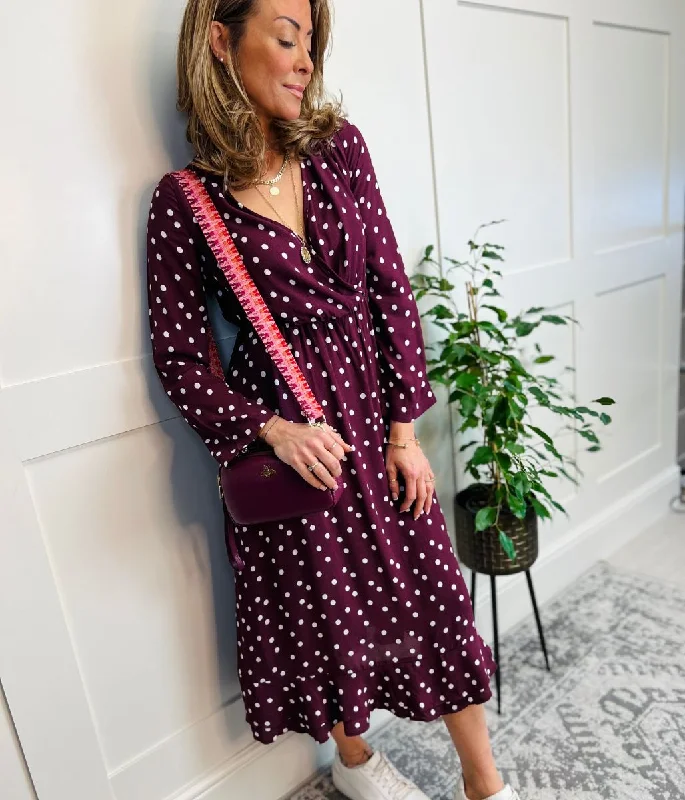 Wine Spotted Print Wrap Midi Dress