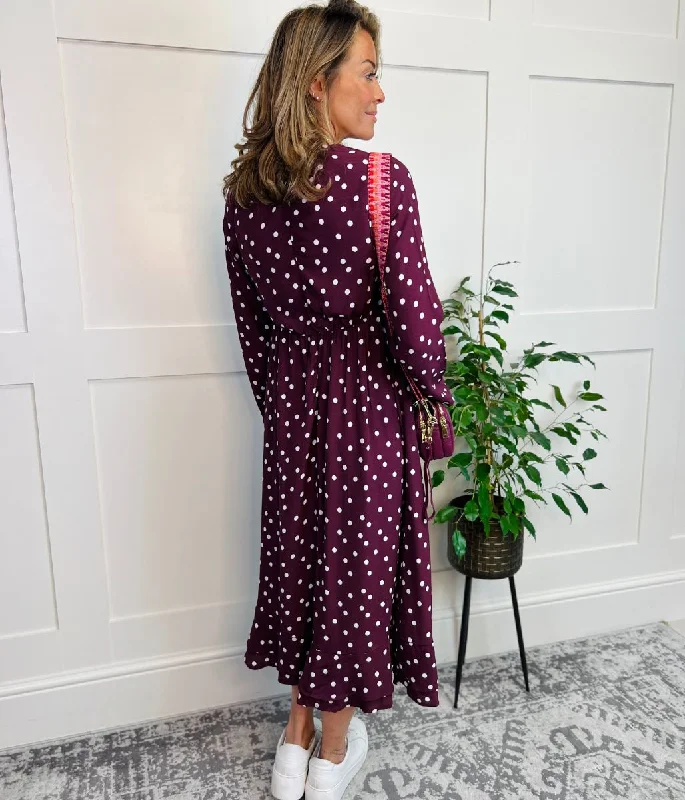 Wine Spotted Print Wrap Midi Dress