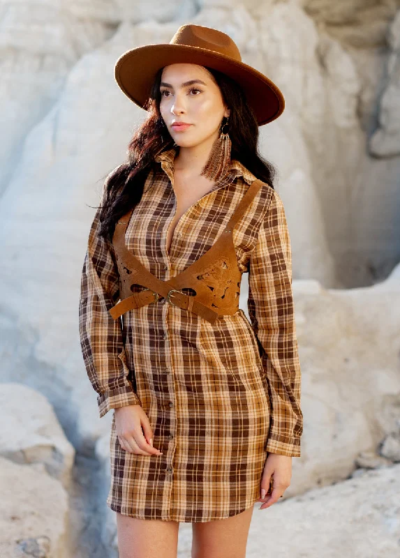 Mya Shirt Dress in Ochre Brown Plaid