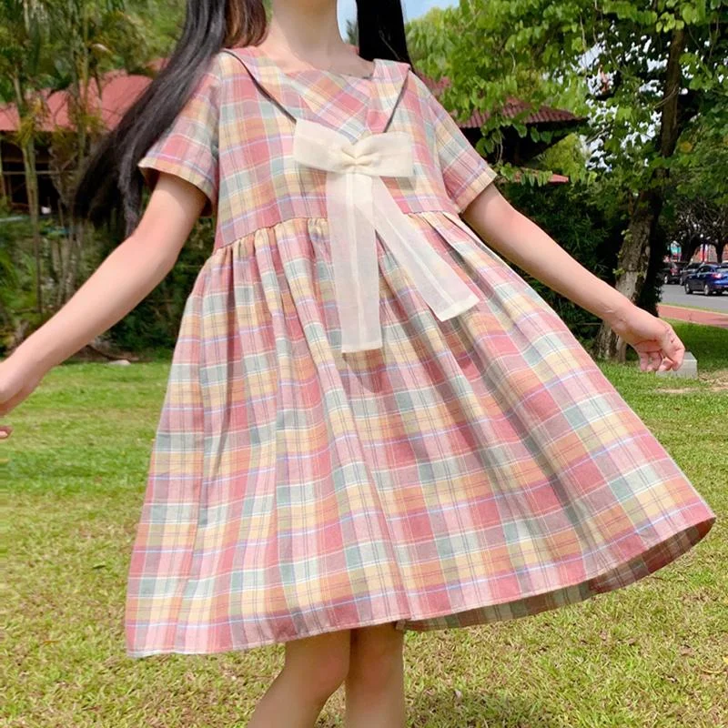 Women's Cute Sailor Collar Rainbow Plaid Dresses