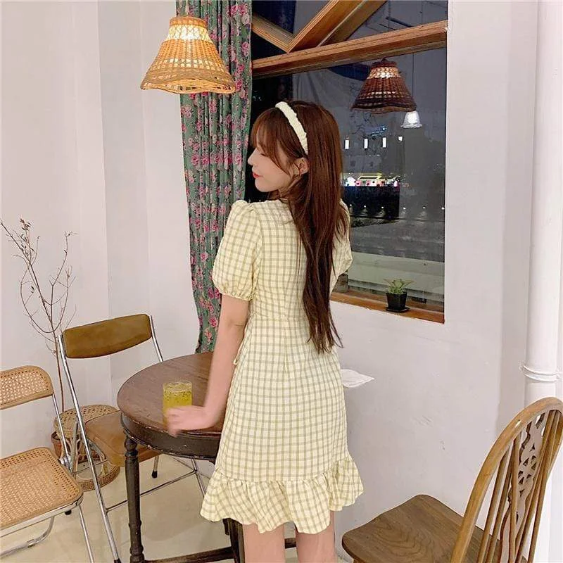 Women's Cute V-neck High-waisted Plaid Dresses