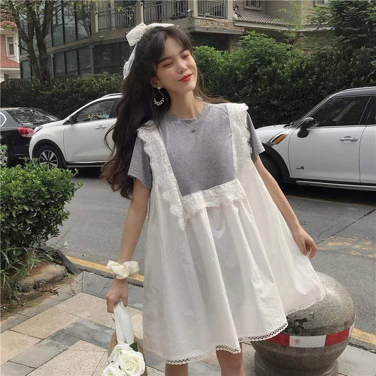 Women's Kawaii False Two Pieces Lace Ruffles Dresses