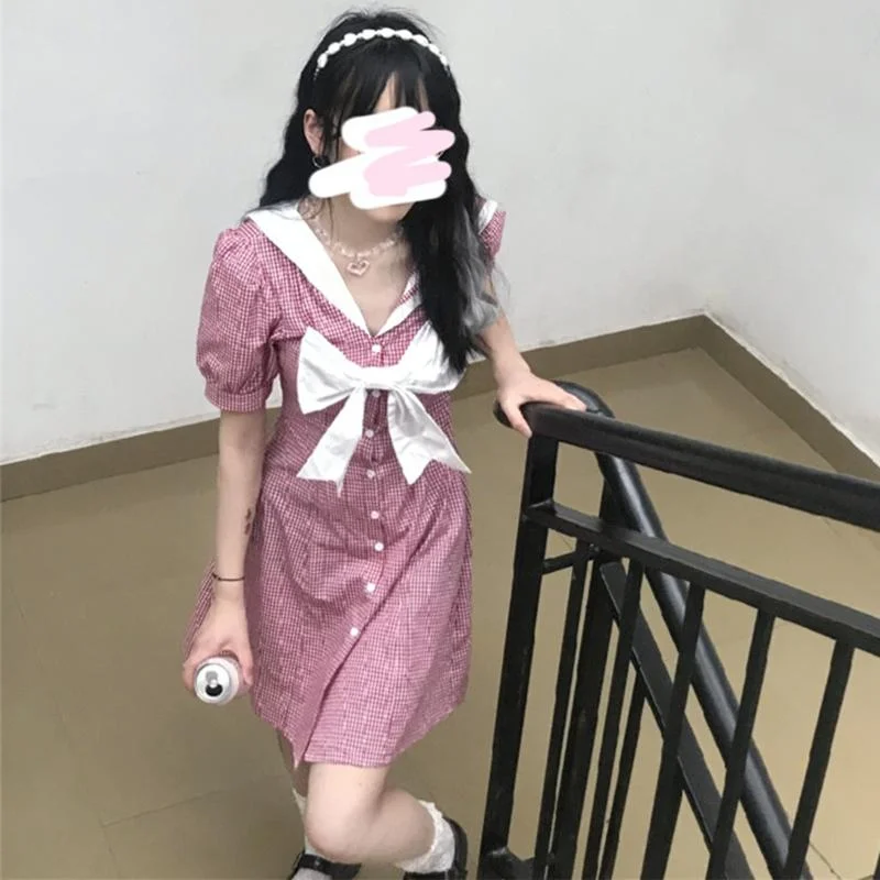 Women's Kawaii Front Bowknot Sailor Collar Dresses