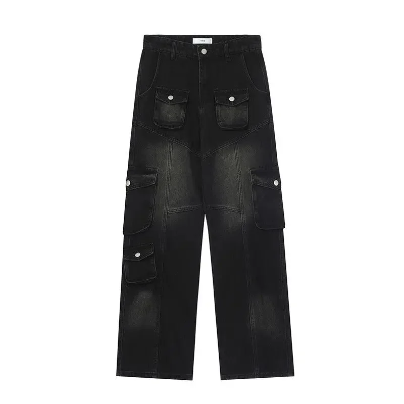 Wide Leg Jeans Women Vintage Straight Multi-pocket Denim Cargo Pants