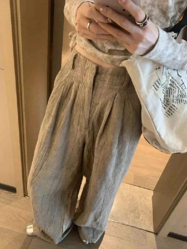 Linen Pants Women Oversize Pleated High Waist Wide Leg Slouchy Pants