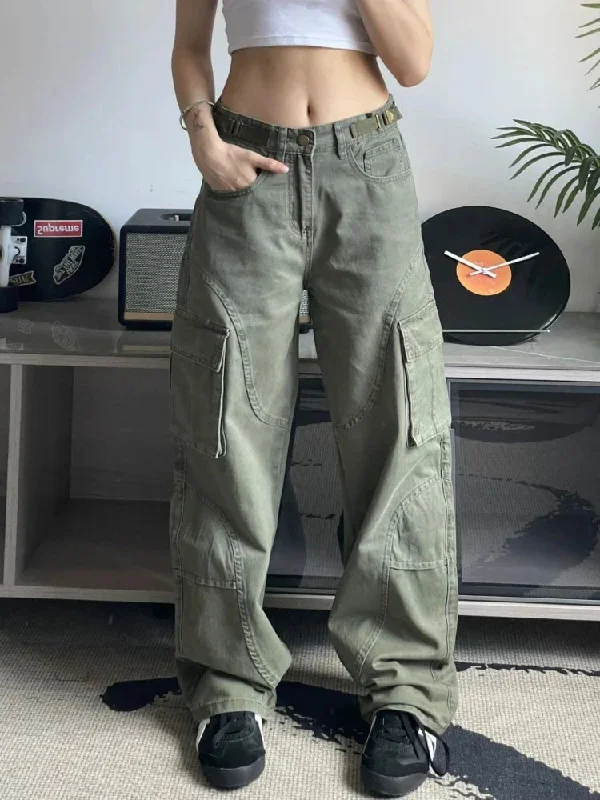 Cargo Jeans Woman Vintage Oversize Pockets Wide Leg Denim Pants