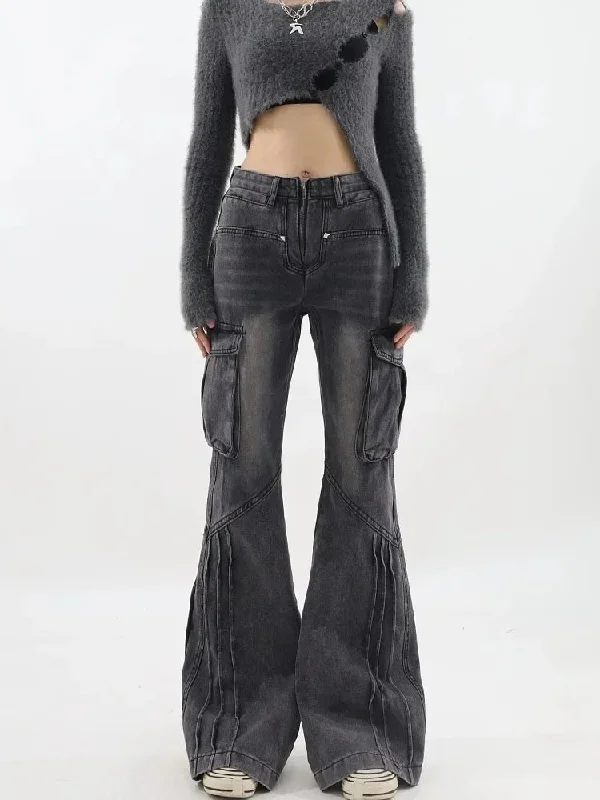 Cargo Flared Jeans Women Vintage Oversize Zip Wide Leg Denim Pants