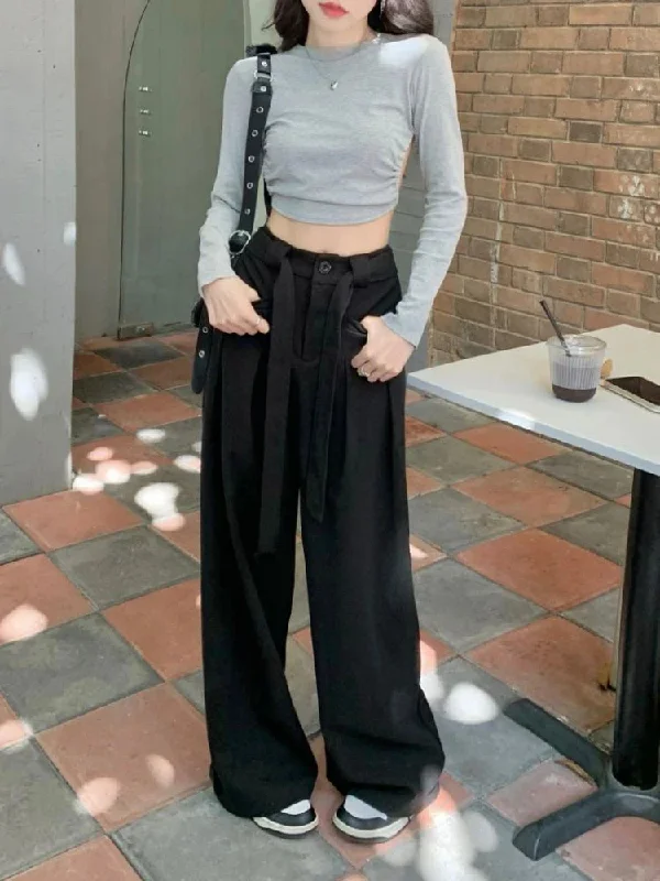 Waist Women Y2k Baggy Belt Pleated Wide Leg Sport Streetwear Pants