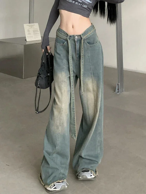 Y2k Denim Trousers For Women Cargo Jeans Streetwear Retro Wide Leg Straight Pants