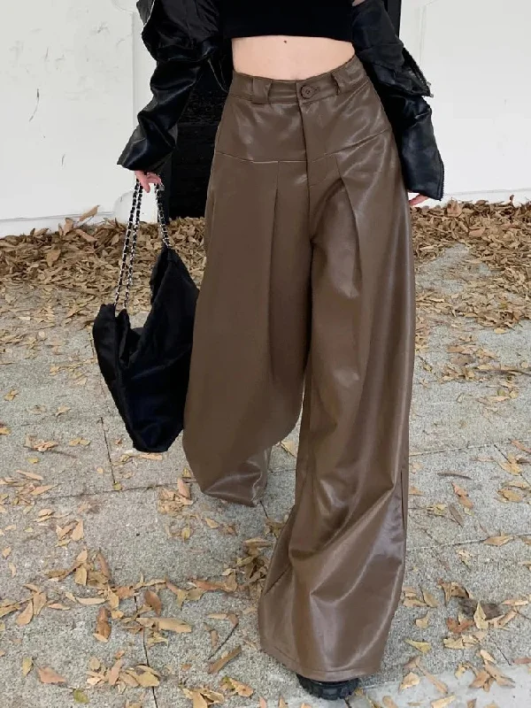 Vintage Wide Leg Leather Pants High Waist Pants Women Loose Pants